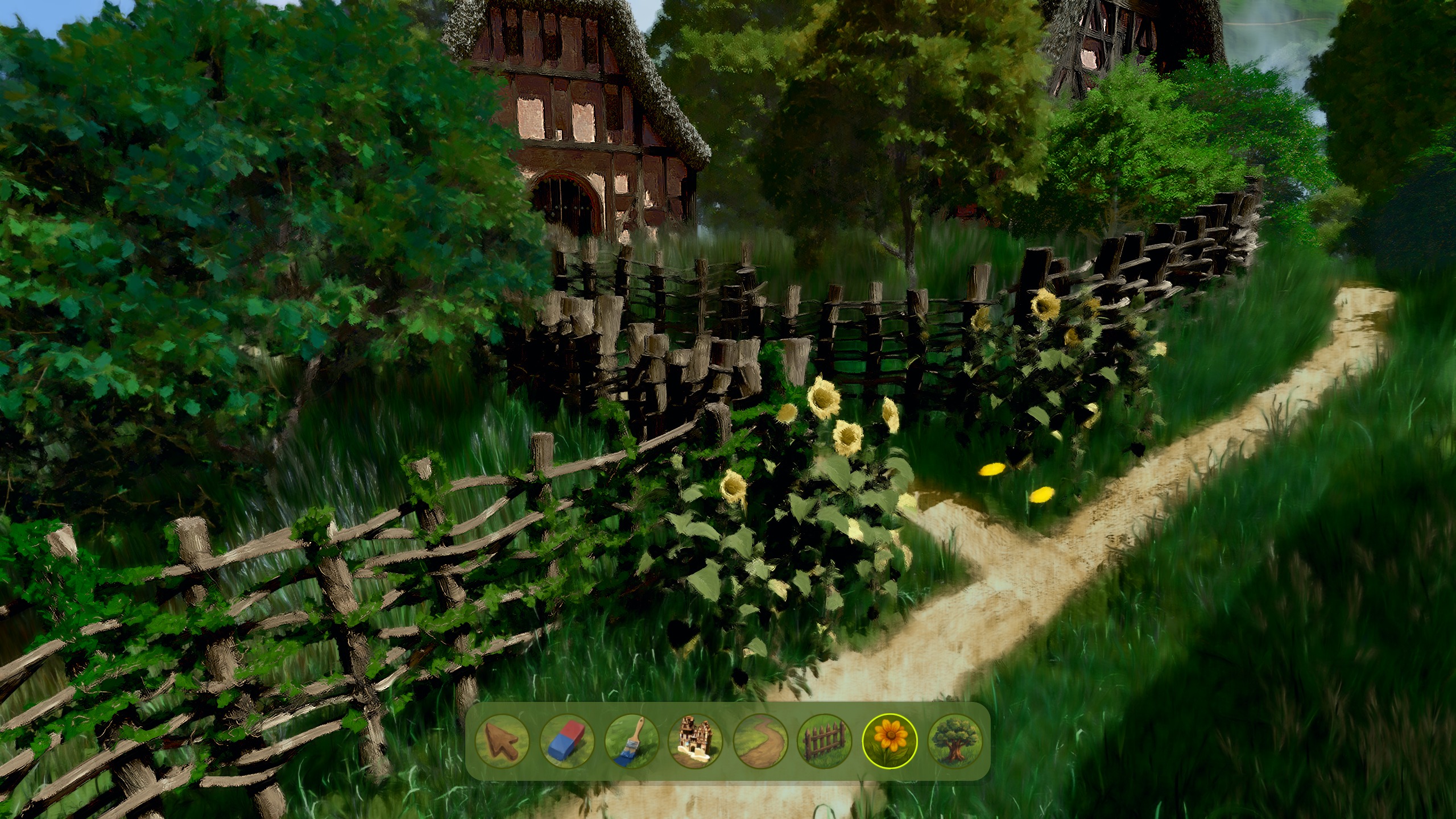 Close view of a medieval countryside hamlet among trees.