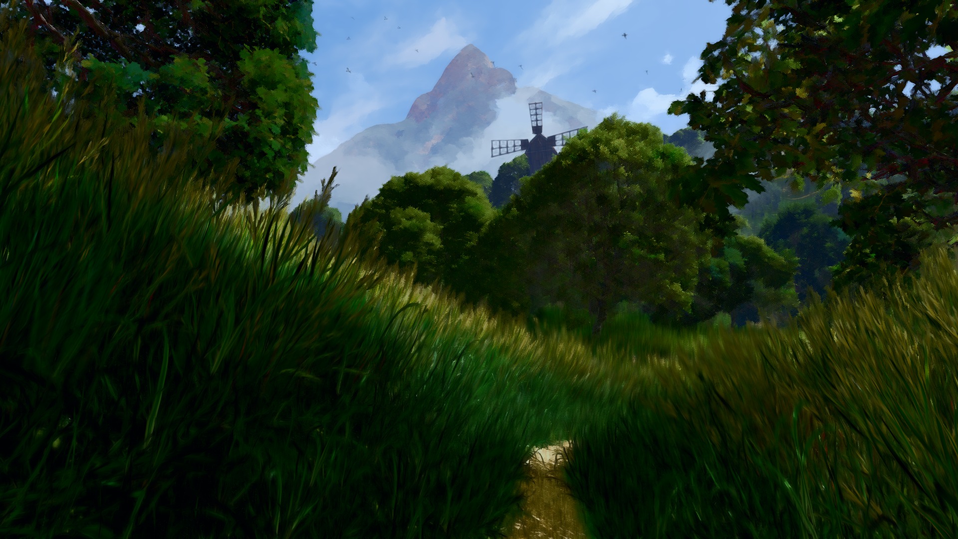 A winding path through tall grass toward a distant windmill.